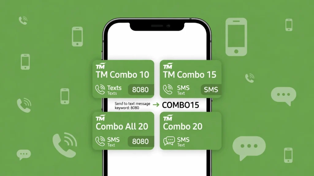 Save Big TM Promos 3 TM has calls and text promos such as TM Combo 15, Combo 10, Combo 20, Combo All 20